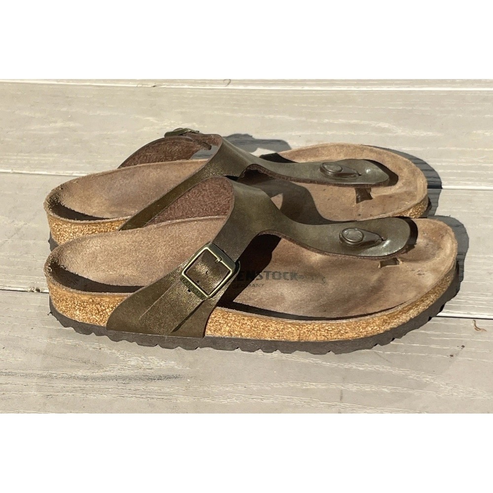 Birkenstock Gizeh Birko-Flor Womens Sz 38 L 7 Comfort Casual Summer Gold Sandals - Picture 2 of 8